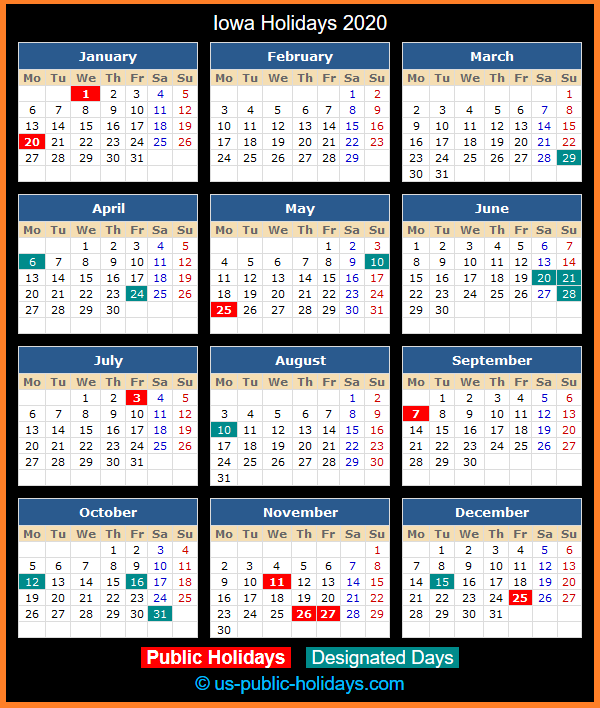 Iowa Holiday Calendar 2020
